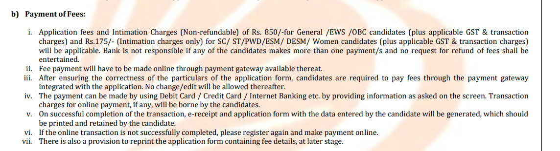 Application Fee for BOB recruitment 2025